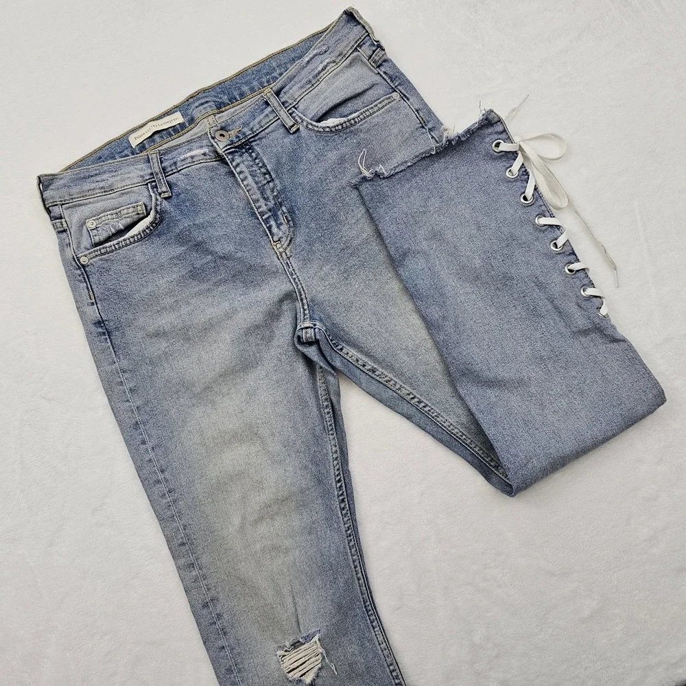 Anthropologie Pilcro Slim Straight‎ Jeans Womens 34W 28L Raw Hem Lace Up Denim